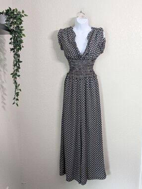 Max Studio Smocked Waist Wide Leg Jumpsuit Sz S/M Geo Print Ruffled Flowy Brunch
